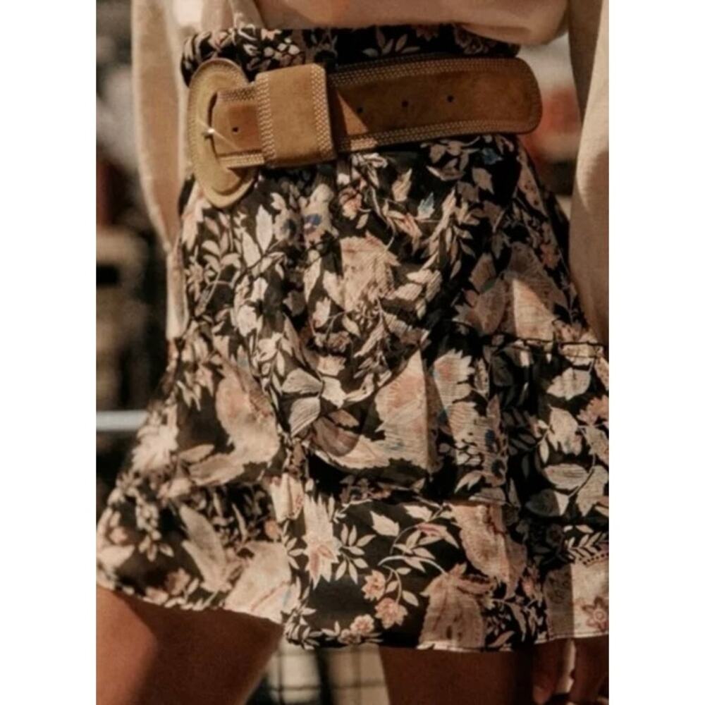 SEZANE Carolina Mini Skirt Womens 14 Black Floral Print Ruffle Short Flirty